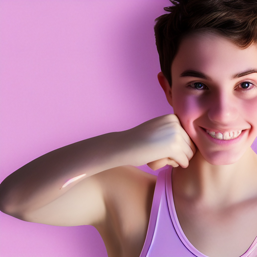 Trans teenager wearing chest binder, smiling happily