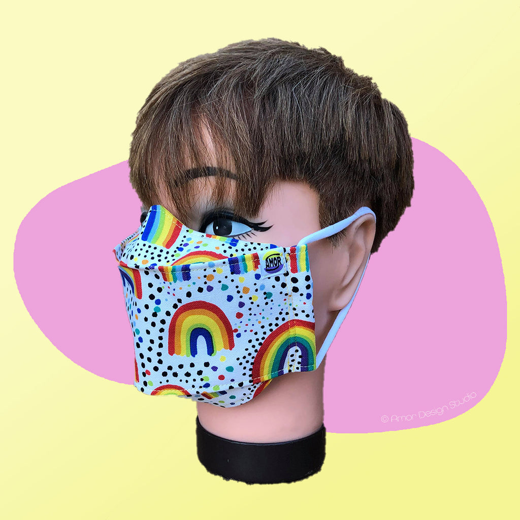 White face mask with rainbows and spots, on model - side